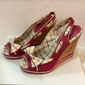 Coach Twirling Twill Pink Plaid Open Toe Ankle Strap Womens Wedged Heeled Shoes